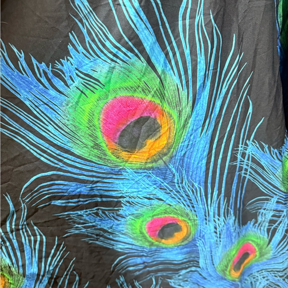 ⚡️ Peacock Print Kaftan Cover Up Gray Blue Beach Resort Maxi Kimono - Picture 4 of 4